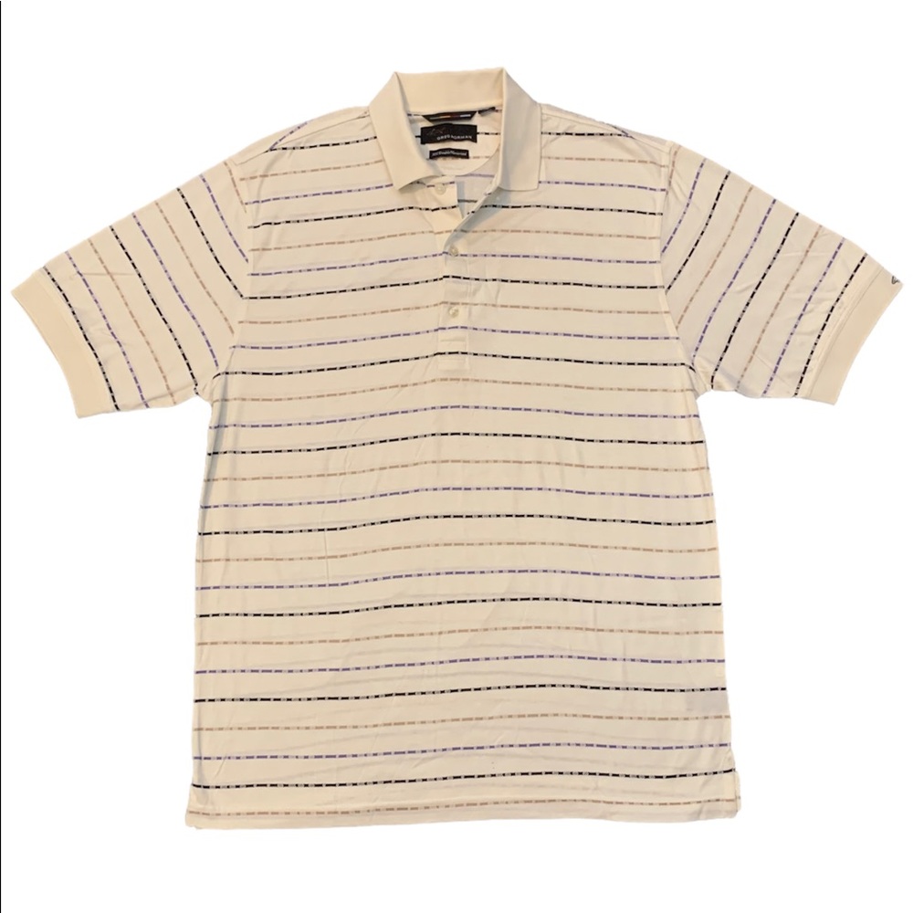 NWT Greg Norman White w/ Black/Purple/Tan Stripes Polo Shirt Men’s Large